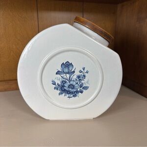 Vintage MCM Hyalyn 200 D Blue Floral Ceramic Kitchen Canister with Wood Lid USA